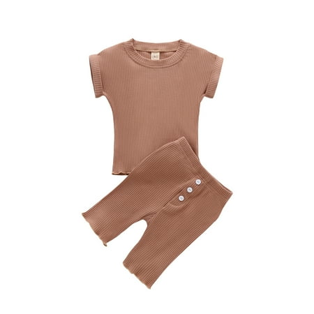 

One opening Little Boy Girl s 2-piece Ribbed Set Solid Color Short Sleeve Crew Neck Top Button Long Trousers