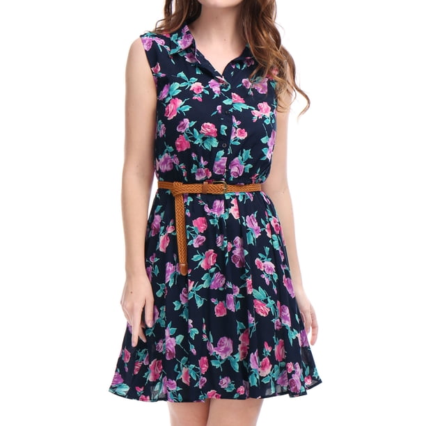 Vestido Sin Mangas Allegra K Estampado Azul Marino Con Cinturón XL