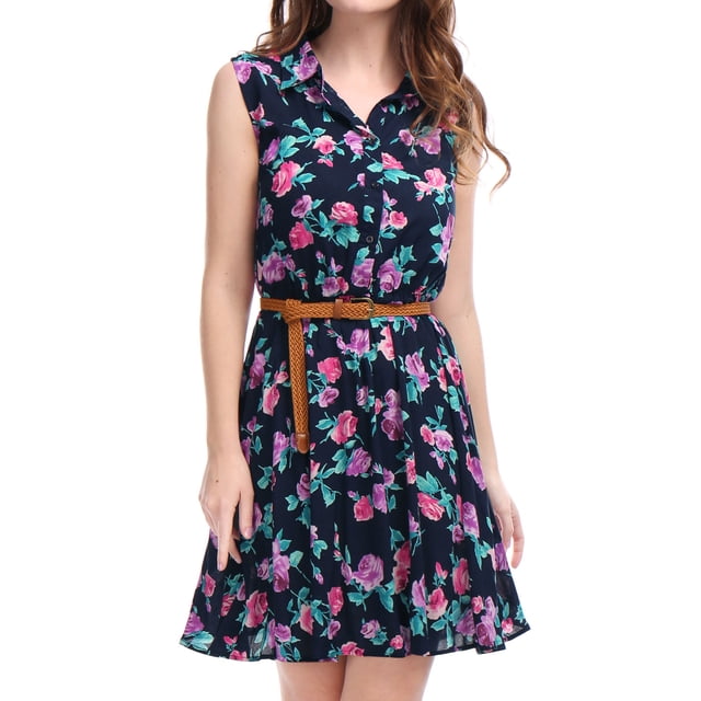 Vestido Sin Mangas Allegra K Estampado Azul Marino Con Cinturón XL