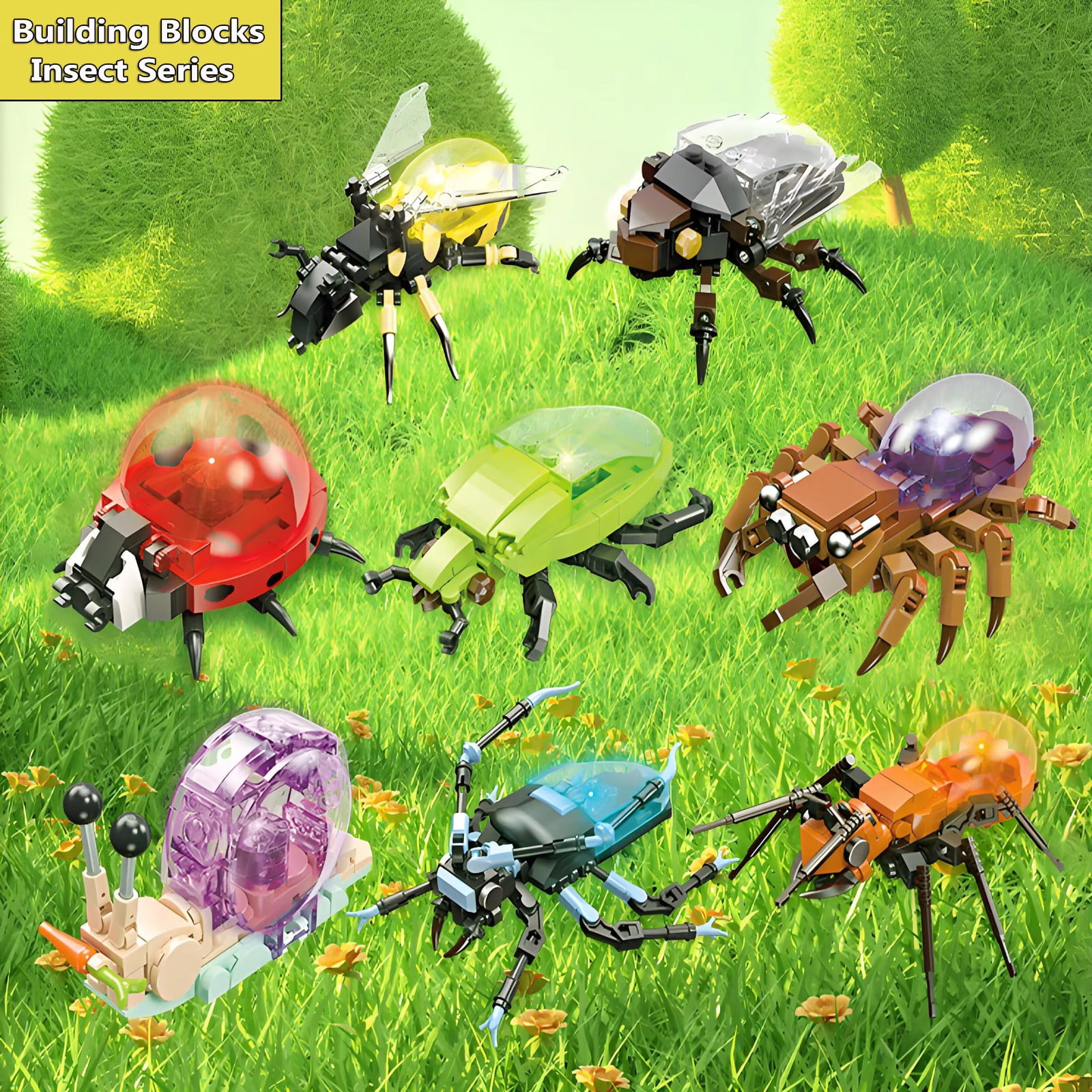 Unbranded 8-in-1 Insect Animal Building Blocks Set, Glowing STEM Educational Toy with 8 Models, Durable ABS Plastics, Creative Gift for Kids Boys 6+