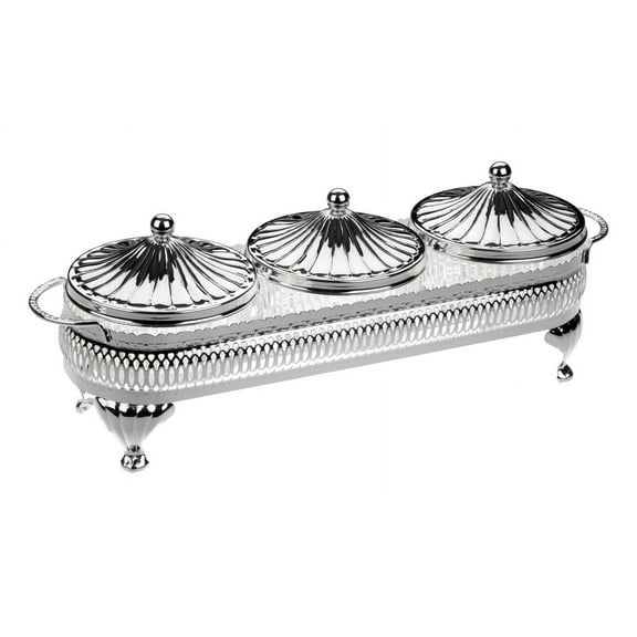 Queen Anne 3 Pce Round Party Set 5"h x 4 1/3"w x 12 1/2"l English Silver Plate (Tarnish Resistant). SKU #: 0/4923.