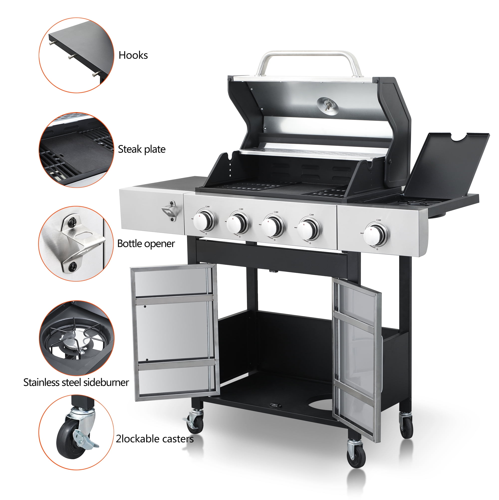 4-Burner Propane Gas BBQ Grill with Side Burner, 46,790 BTU Output, Enameled Cast Iron Cooking Grids & Stainless Steel Warming Rack, Outdoor Barbecue Grill for Backyard, Patio, and Camping