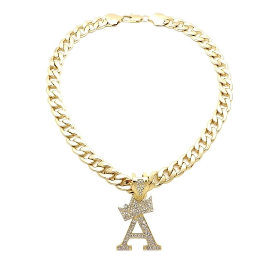 Stone Stud Crowned Initial Pendant with 11mm Cuban Chain Necklace, Letter A/Gold-Tone/18"