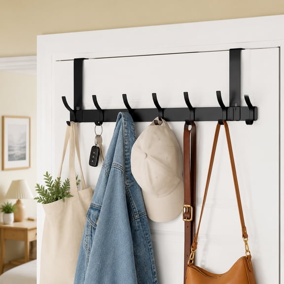 Over The Door Hooks, BUSATIA Door Hanger Hooks for Hanging, Over The Door Towel Racks for Bathroom with 14 Coat Hooks, Over The Door Hanger for Coats and Towels, Black