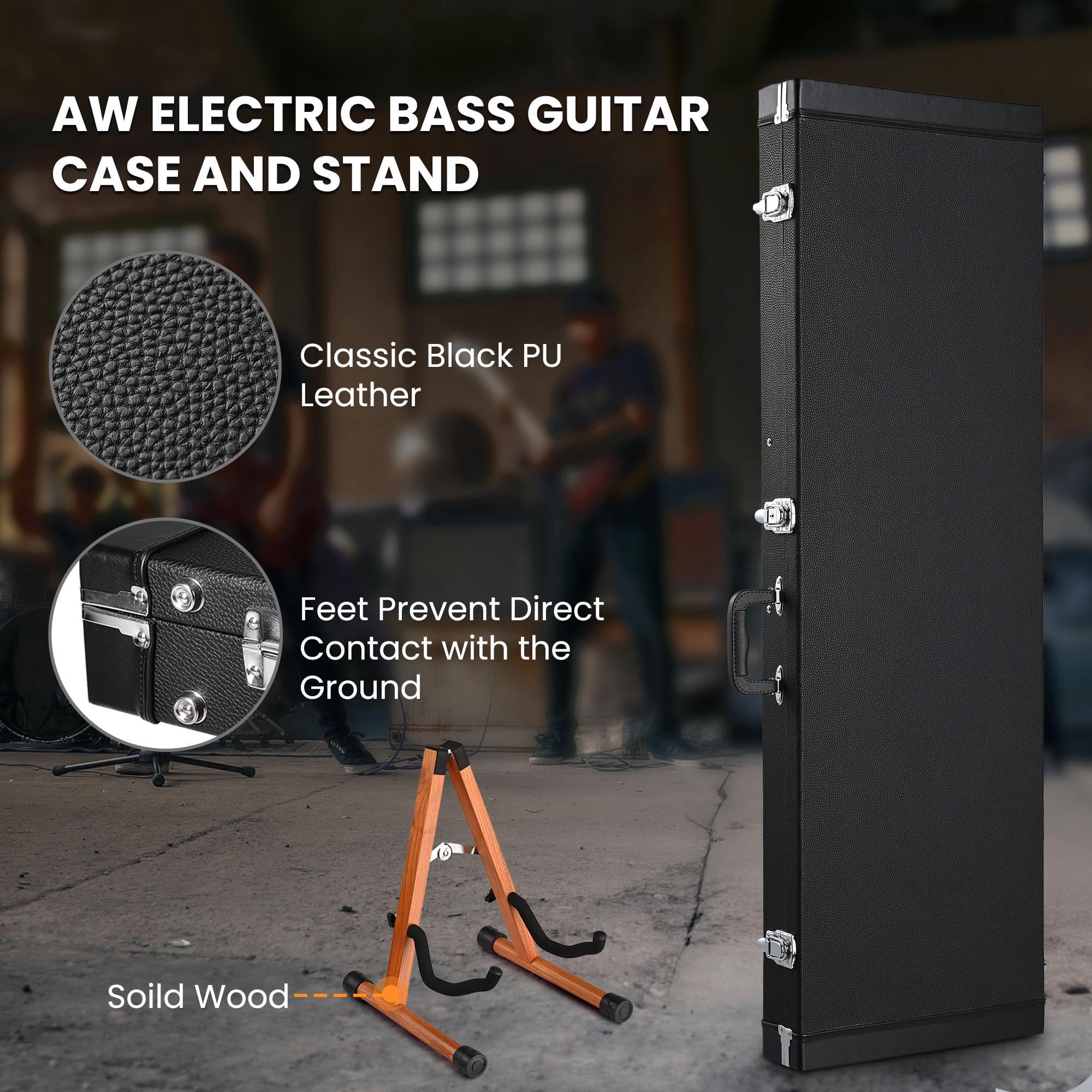 Yescom Rectangular Electric Bass Guitar Case Hard Shell w/ Folding Guitar Stand