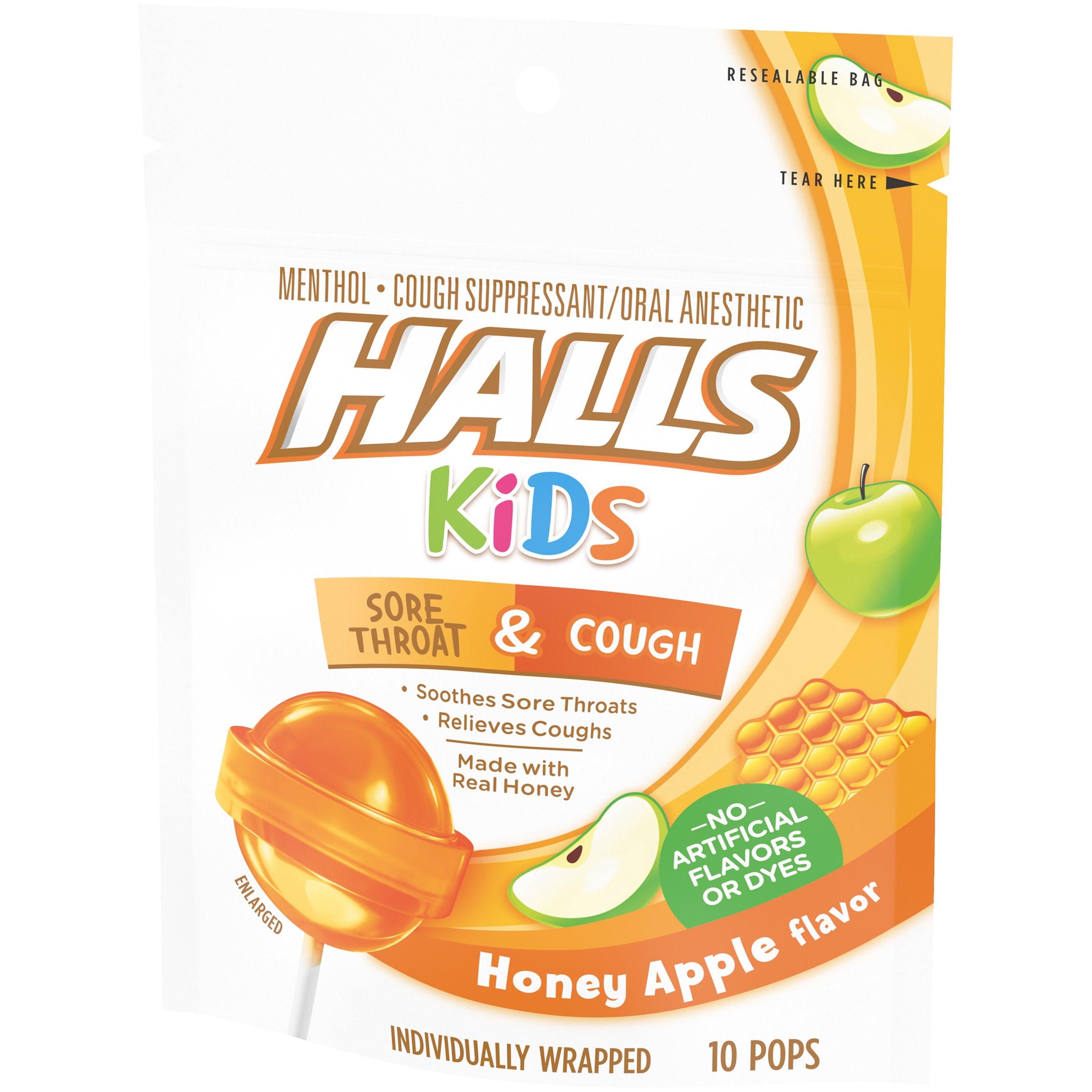 HALLS KIDS Honey Apple Cough and Sore Throat Pops, 10 Pops