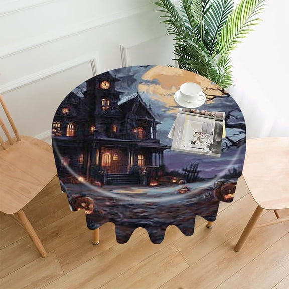 RKSupls 60 Inch Round Tablecloth, Halloween Haunted House Premium Polyester Straight Edge Wrinkle Resistant Washable Table Cover for Party Home Dining Decor