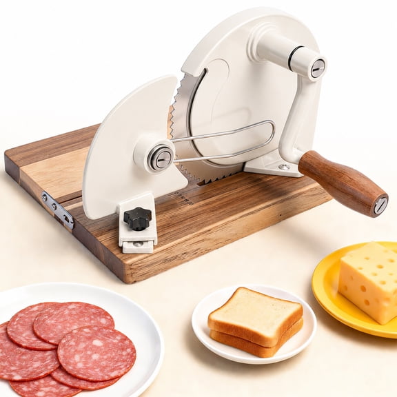 Foldable Manual Bread Slicer, Adjustable Thickness Bread Cutter with Acacia Wood Base, Hand Crank Slicer for Homemade Sourdough Bread