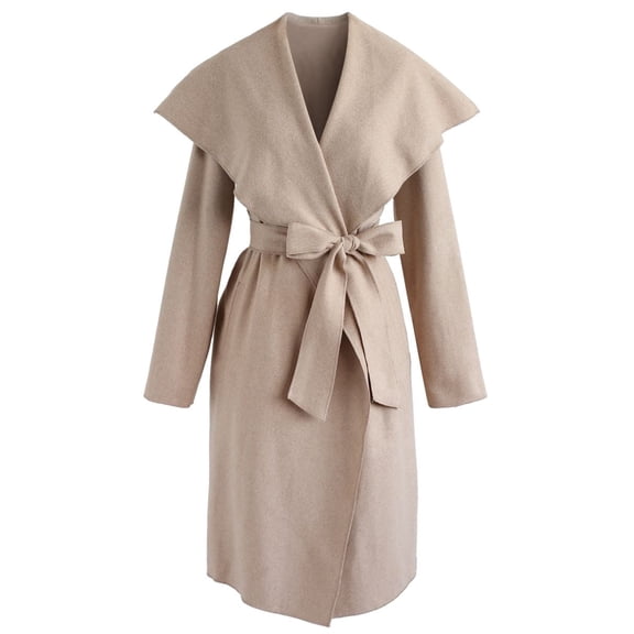 CHICWISH Women's Wide lapel Open Front Long Sleeve Sand Beige Wool Blend Trench Coat
