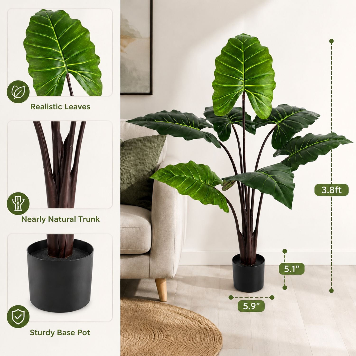 Easy4Home 3.8FT Artificial Plant Fake Caladium Plant Potted Indoor Faux Floor Plant for Home Office Decor, Green
