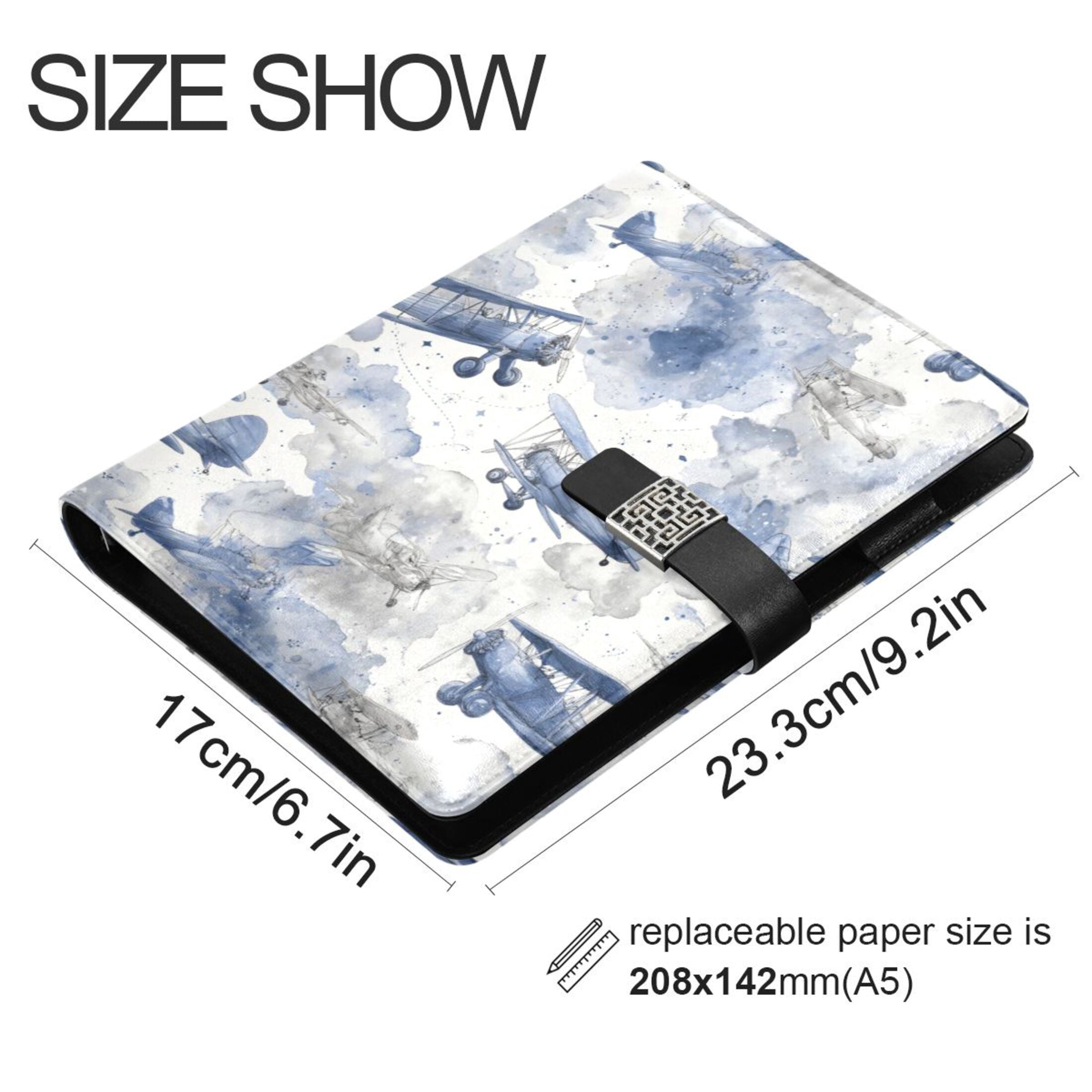 Leather Notebook with Pen Holder Writing Notepad Includes 100 Pages Lined Journal Watercolor Vintage Planes
