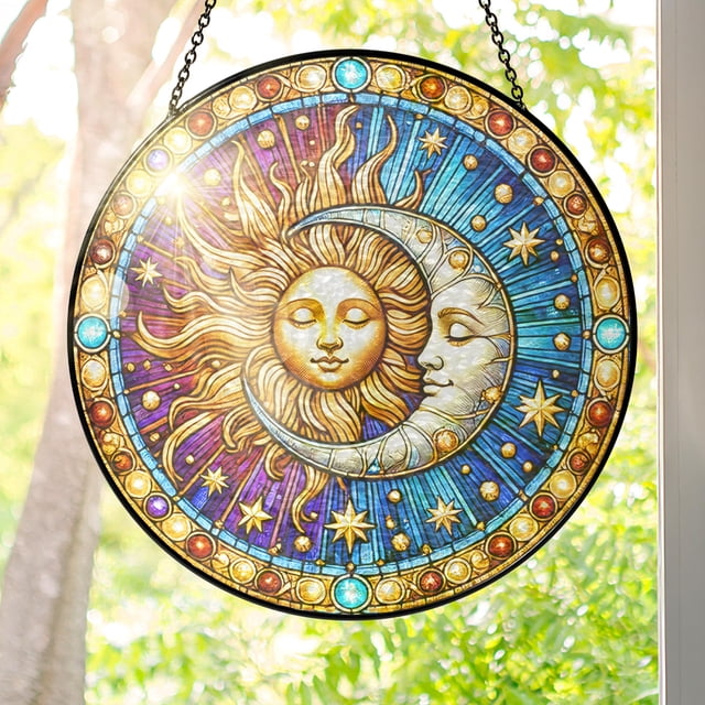 Vidriera para colgar en ventana, diseño de sol y luna, 25 cm