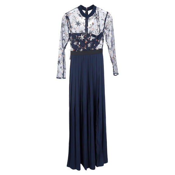 Pre-Owned Self-Portrait Embellished Tulle Detailed Maxi Gown Dress in Navy Blue Polyester
