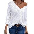 thumbnail image 3 of Women'S Tops Dressy Casual V Neck Long Sleeve Buttons Hollow Out Lace Embroidered Blouses Shirts White S, 3 of 9