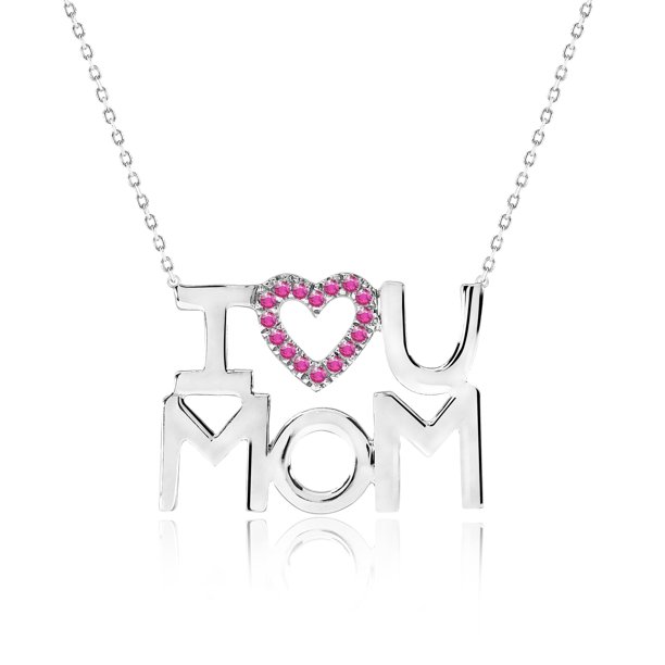 JeenMata Collar con Colgante de Corazón Abierto Adornado con Piedra Roja Fuerte Te Amo Mamá, en Oro Blanco de 18 K sobre Plata (Piedra Natal de Julio), Regalo para Mamá
