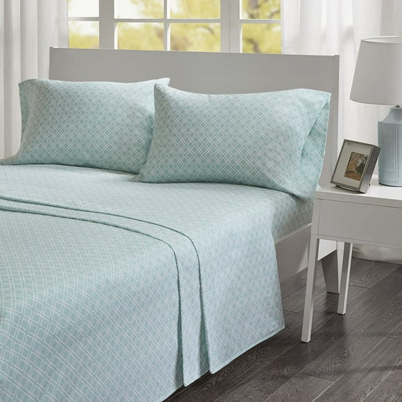 Comfort Spaces Cotton Flannel 6 Piece Set Breathable Warm Deep Pocket Printed Geometic Pattern Sheets with Pillow Cases Bedding, Queen, Geometric Aqua