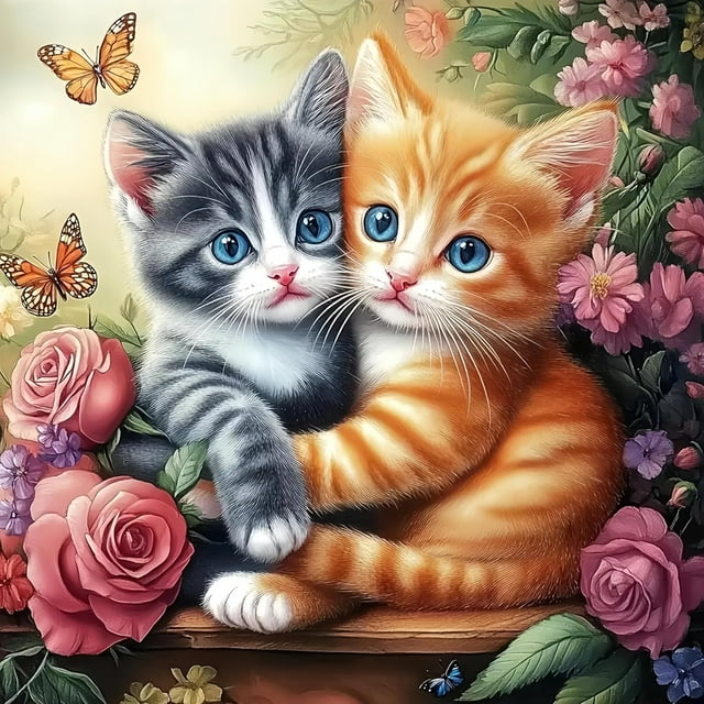 Adult Diamond Painting Kit, Colorful Cat and Flower Pattern, 5D DIY Diamond Painting, Full Drill Round Diamond Dotz Kit, for Home Wall Decor, Frame Not Included.,KM616-1