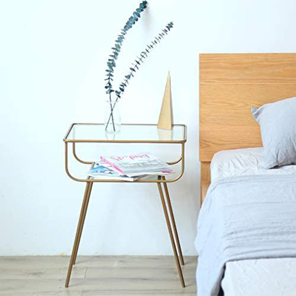 EKR Bedside Table Night Stands Side Table Tempered Glass Top for Bedrooms Living Room Mid Century Accent Metal Gold End Table Modern Living Furniture Home and Kitchen