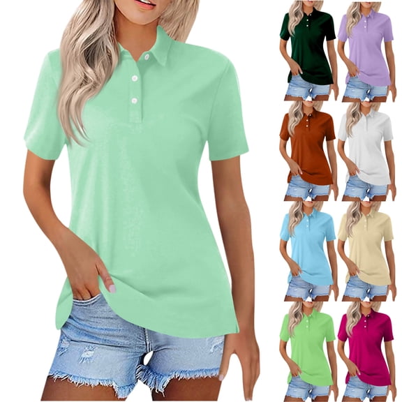 HAJWOH Womens Polo Shirt Back To School Short Sleeve Collared Top Button Down Breathable Work Golf Tennis Basic Dressy Blouses