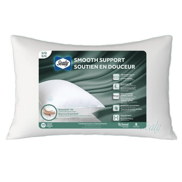 Sealy Smooth Support Bed Pillow, S/Q- TENCEL Fabric, Adjustable Down Alternative