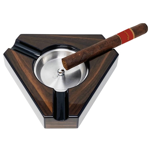 3 Cigar Triangular Cigar Ashtray - Dark Maple & Black Lacquer
