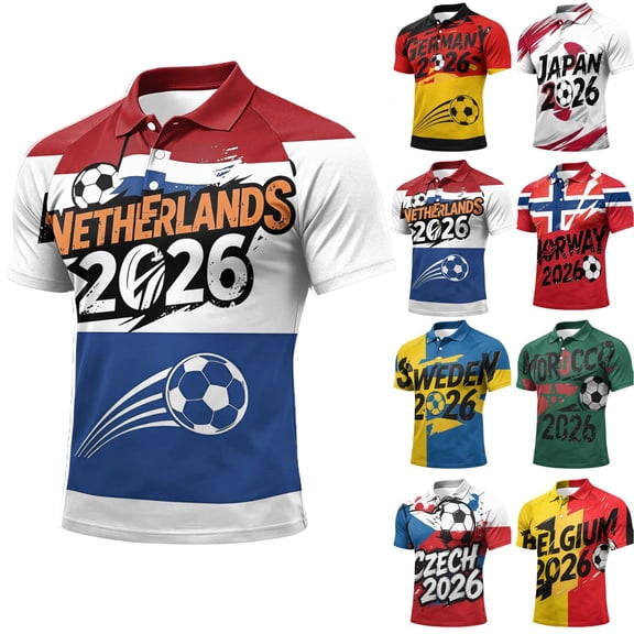 2026 Soccer Cup Jersey for Men, Polo Collar Short Sleeve National Flag & Ball Graphic Top - Breathable Fan Shirt for Match Day & Casual Wear Black L