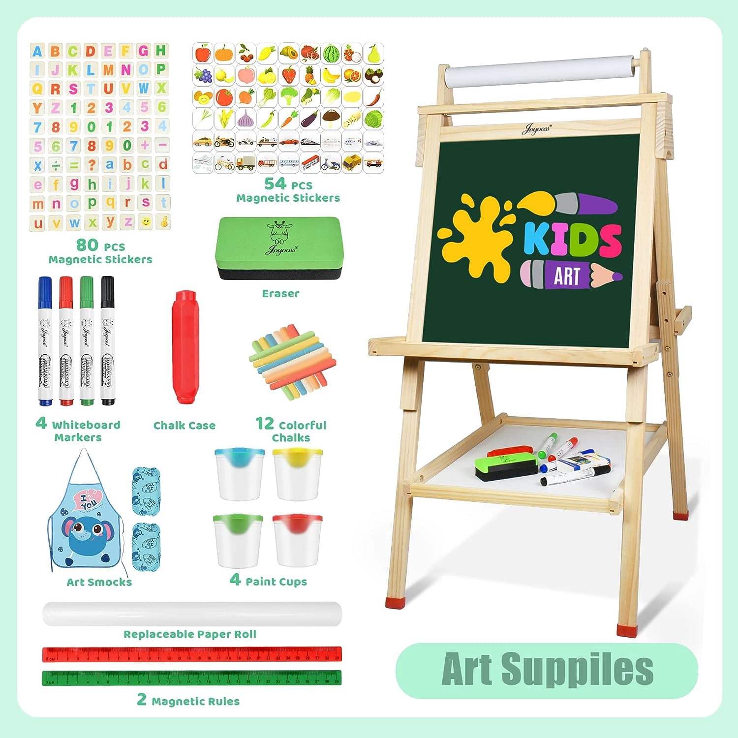 Joyooss Art Easel for Kids with Double-Sided Magnetic, Wooden Standing Kids Easel with Dry Erase Whiteboard & Chalkboard,Height Adjustable Children Easel with Paper Roll