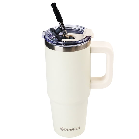 AQUAPHILE Insulated Tumbler with Leak-proof Lid and Straw, 40 oz Insulated Stainless Steel Coffee Mug with Handle, Travel Coffee Mug，Ivory