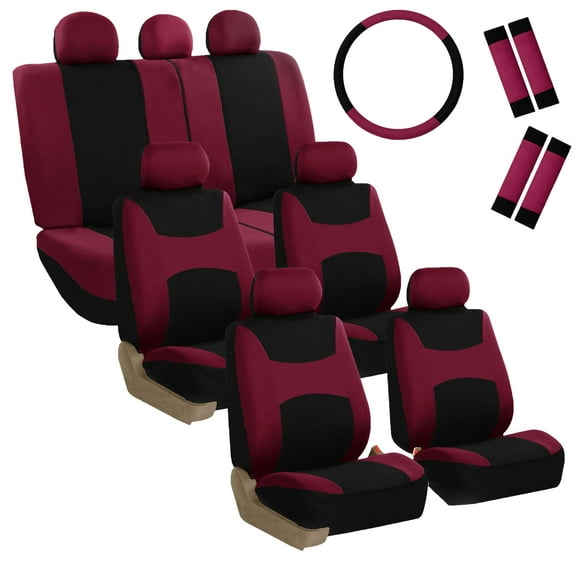 FH Group Light & Breezy Seat Covers for Auto, 3 Row 7 Seaters Full Set with Steering/Belt Pad Cover, Burgundy and Black