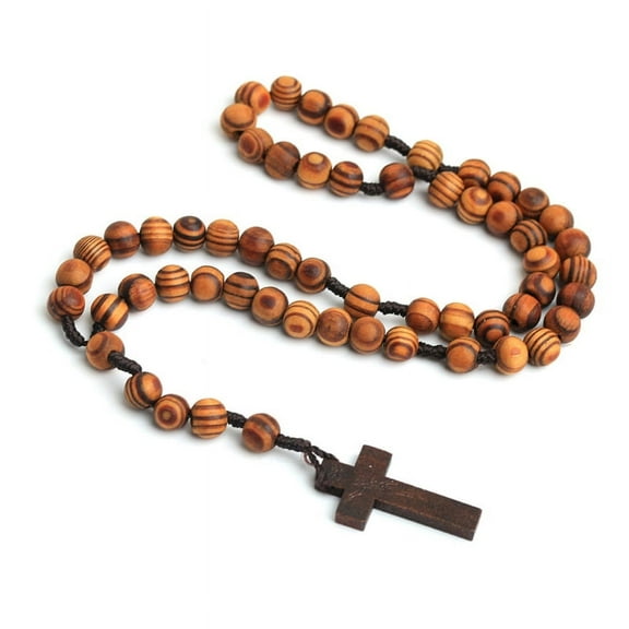 ZUARFY Wooden Grain Beads Jesus Cross Rosary Necklace Carved Rosary Pendant Christian