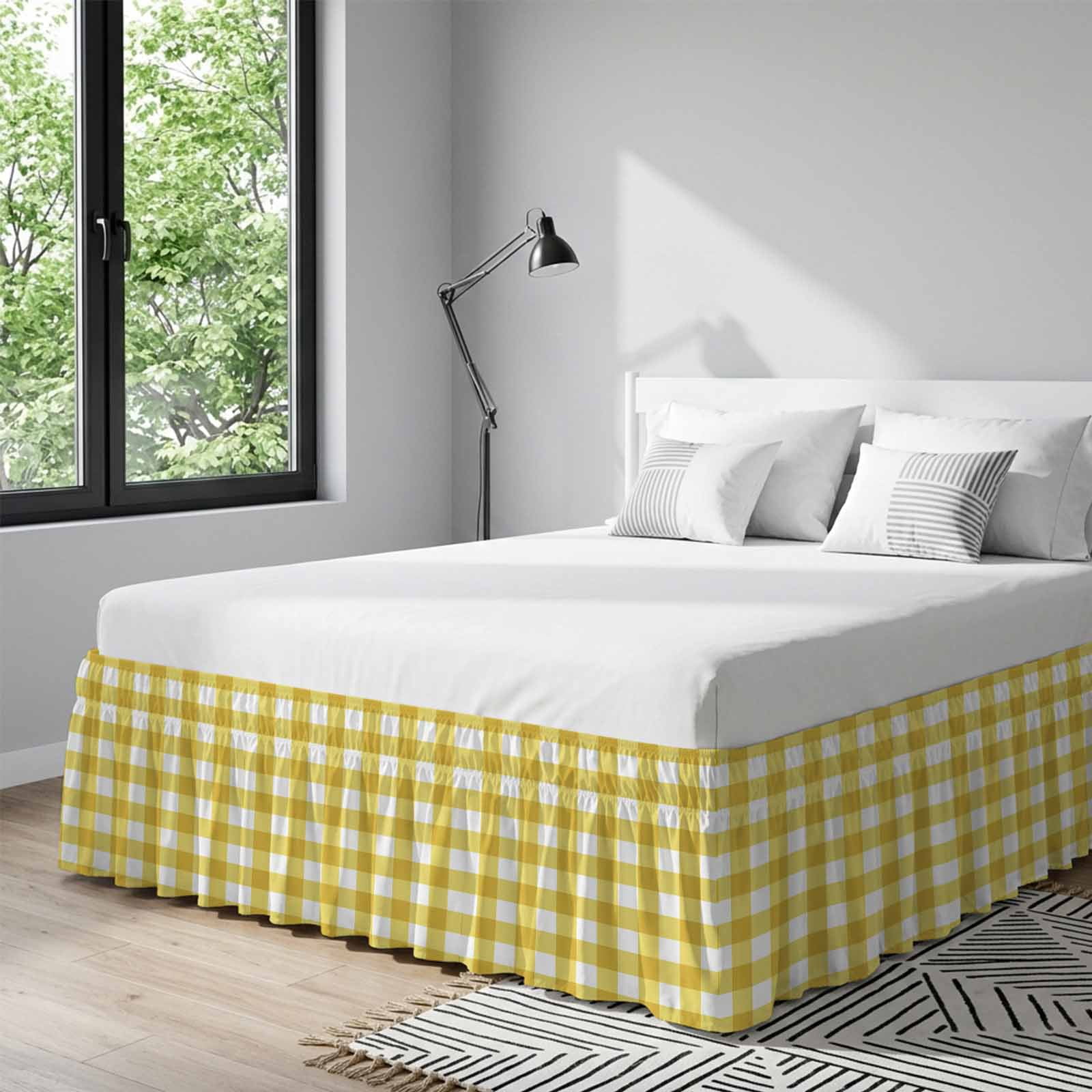 Yellow Gradient Bed Skirt Queen Size, Farm Plaid Buffalo Checkered Gingham Wrap Around Bed Skirting with Adjustable Elastic Strap, Dust Ruffle Pleated Bedskirts 18 Inch Drop for Bedroom Queen Beds