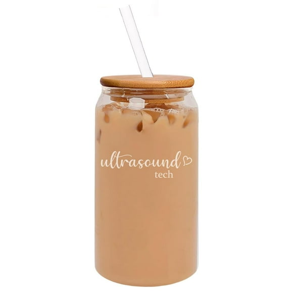 16oz Can Shaped Glass Iced Coffee Cup with Bamboo Lid and Straw Gift Ultrasound Tech with Heart For Sonographer