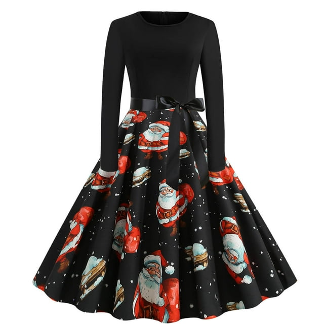 CEHVOM Robe Vintage Évasée à Nœud Papillon pour Femmes Robe de Bal Manches Longues Imprimée Noël Fête