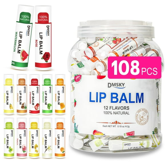 DMSKY Baume à Lèvres en Vrac 108 Unités, Baume à Lèvres Hydratant avec Vitamine E et Huile de Noix de Coco 12 Saveurs, Traitement Hydratant pour les Lèvres - Cadeaux de Fête en Vrac