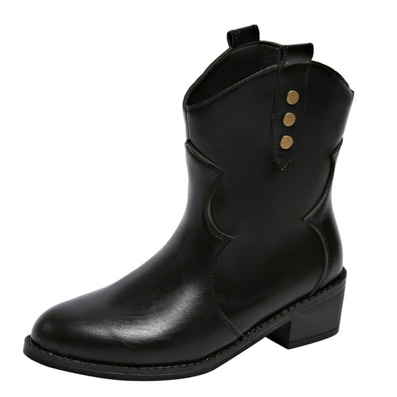 Tao Tao Women's Autumn and Winter New Thick Heeled Western Cowboy Style Leather Boots Medium Boots Zip up Cowboy Boots Women Black 36