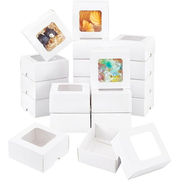 20Pcs White Kraft Paper Box with Clear Window 3x3x1.5inch Square Kraft Paper Gift Box for Wedding Party Gifts Jewelry Packaging