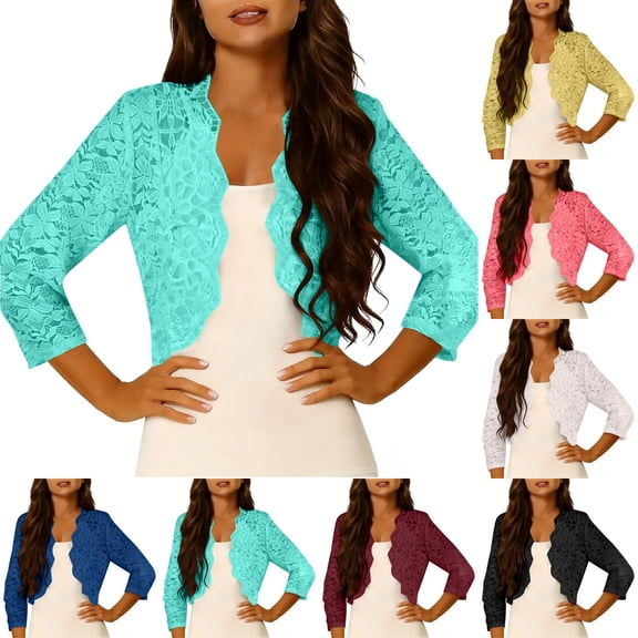Purcolt Women's Sheer Floral Lace Cropped Cardigan Elegant Long Sleeve Open Front Shrug Top Summer Casual Jackets for Evening Dresses