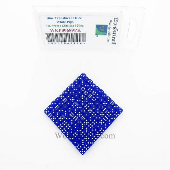 Blue Translucent D6 Dice with White Pips 5mm (13/64in) Pack of 120 Wondertrail