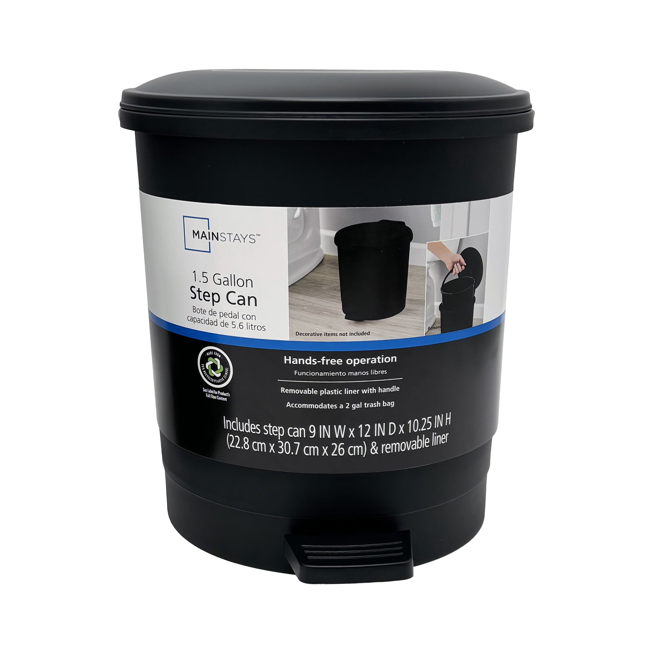 Mainstays Black Plastic Step Wastebasket, 4 L