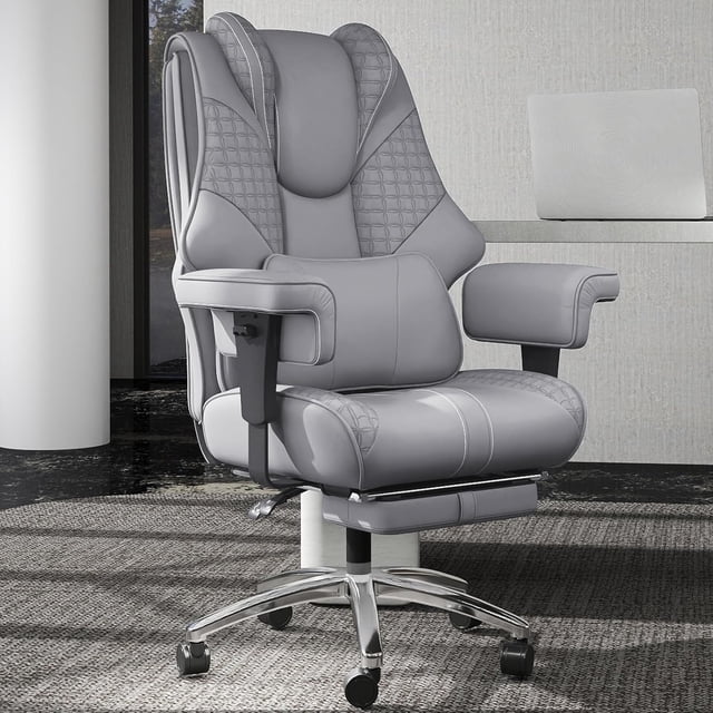 Big & Tall Leather Executive Office Chair with Foot Rest - Wide Ergonomic -Back Reclining Computer Chair for Heavy People Swivel Wheels & Padded Lumbar Support