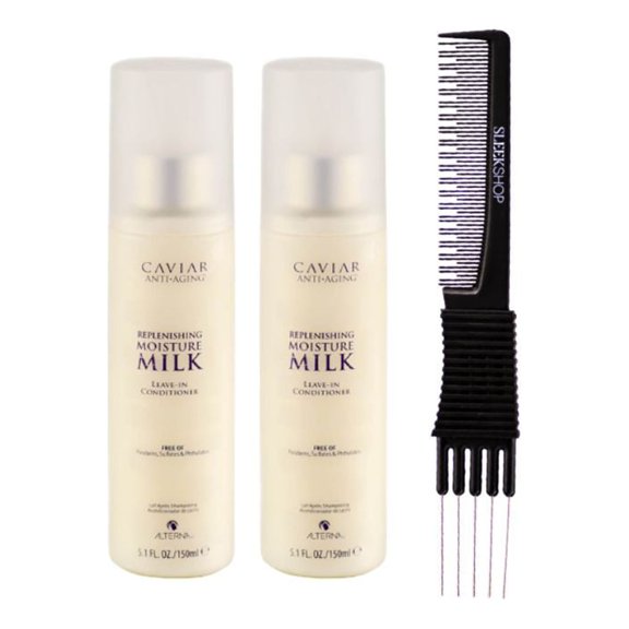 ALTERNA Caviar Anti-Aging Replenishing Moisture Milk Leave-In Conditioner (5.1 oz) with SLEEKSHOP Teasing Comb Pack of 2