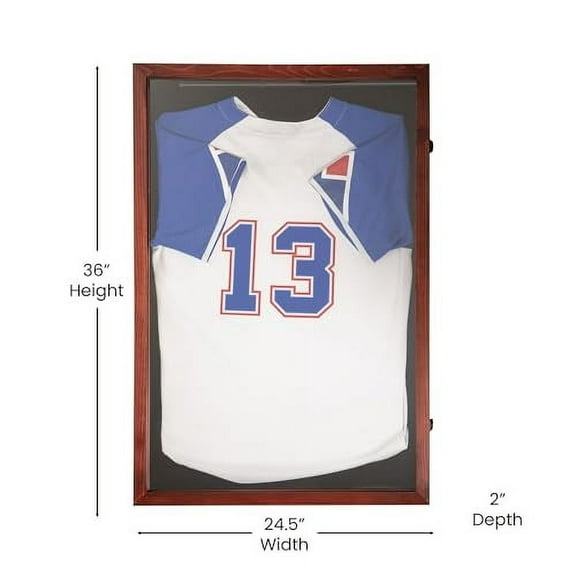 24x36 Jersey Display Case with Solid Pine Wood Frame, UV Treated Window, Velvet Backing Board, and Anti-Theft Lock in Mahogany