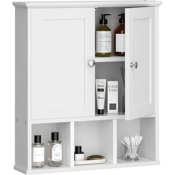Bathroom Wall Cabinet with Door, Storage Organizer Over The Toilet Medicine, Space Saving with Adjustable & Open Shelf, Solid White