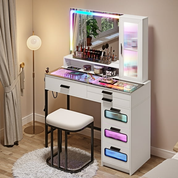 Gurexl Vanity with Mirror and LED Lights, Glass Top Vanity Desk with Charging Station(Wireless USB Type-C), RGB Makeup Table Set with Stool/Makeup Organizer/6 Drawers, White