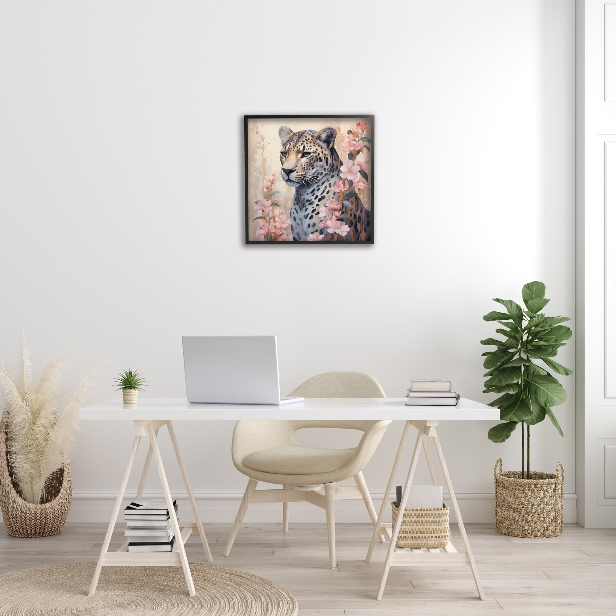 Stupell Industries Leopard with Pink Flowers Animals & Insects Painting Black Framed Art Print Wall Art, 24 x 24