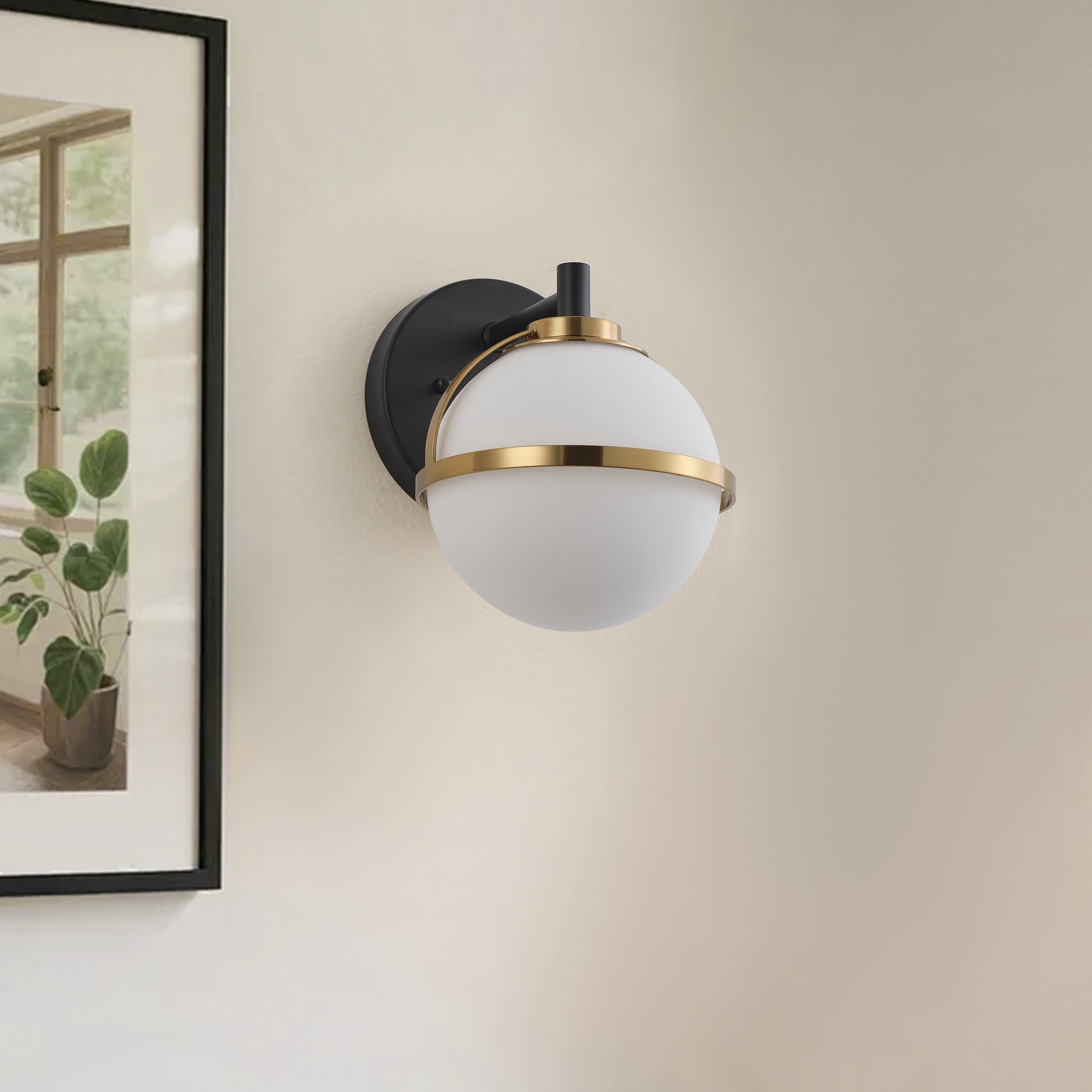 Modern Globe Wall Sconce with Frosted Glass Shade,  Black & Brass Bathroom Vanity Light for Hallway, Bedroom,, Porch (E12 Base,)
