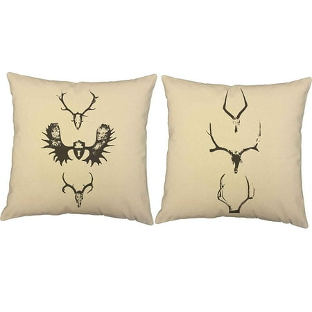 Set Of 2 Wildlife Antlers Throw Pillows 18x18 Square White Cotton