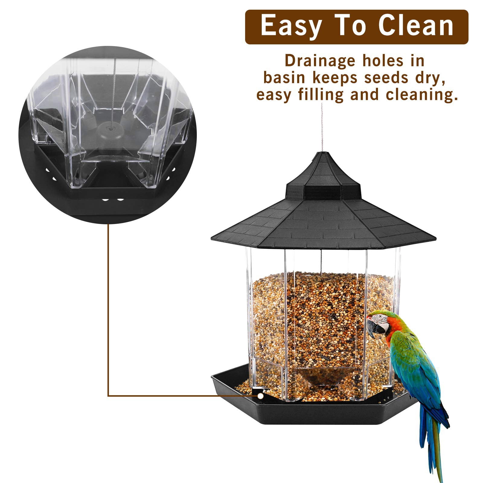 Bird Feeder for Outside Hanging,Bird Seed for Outside Wild Bird Feeders for Garden Yard Outdoor Decoration,Round Roof Design for Sun-Proof and Rainproof, Gray