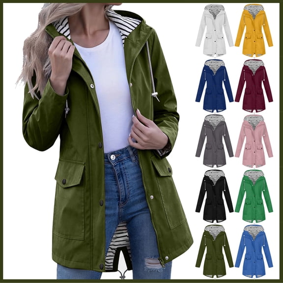 Xunlbb Coat Rain Jacket Women Solid Color Rain Jacket Outdoor Hooded Windproof Loose With Pocket Coat on Clearance,S-2XL
