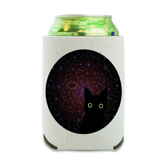 Black Cat in Space with Stars and Galaxy Can Cooler - Drink Sleeve Hugger Collapsible Insulator - Beverage Insulated Holder